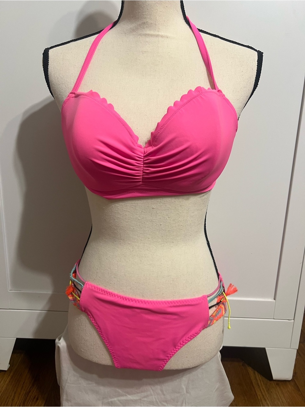 Victoria's Secret Hot Pink Halter Bikini with Multicolor Side Ties - Picture 1 of 12